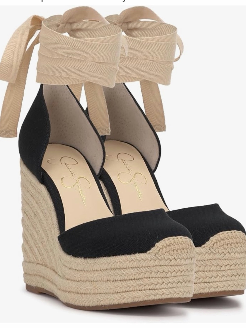 Jessica Simpson Black Canvas Espadrille Wedge Sandals with Beige Ankle Wrap
